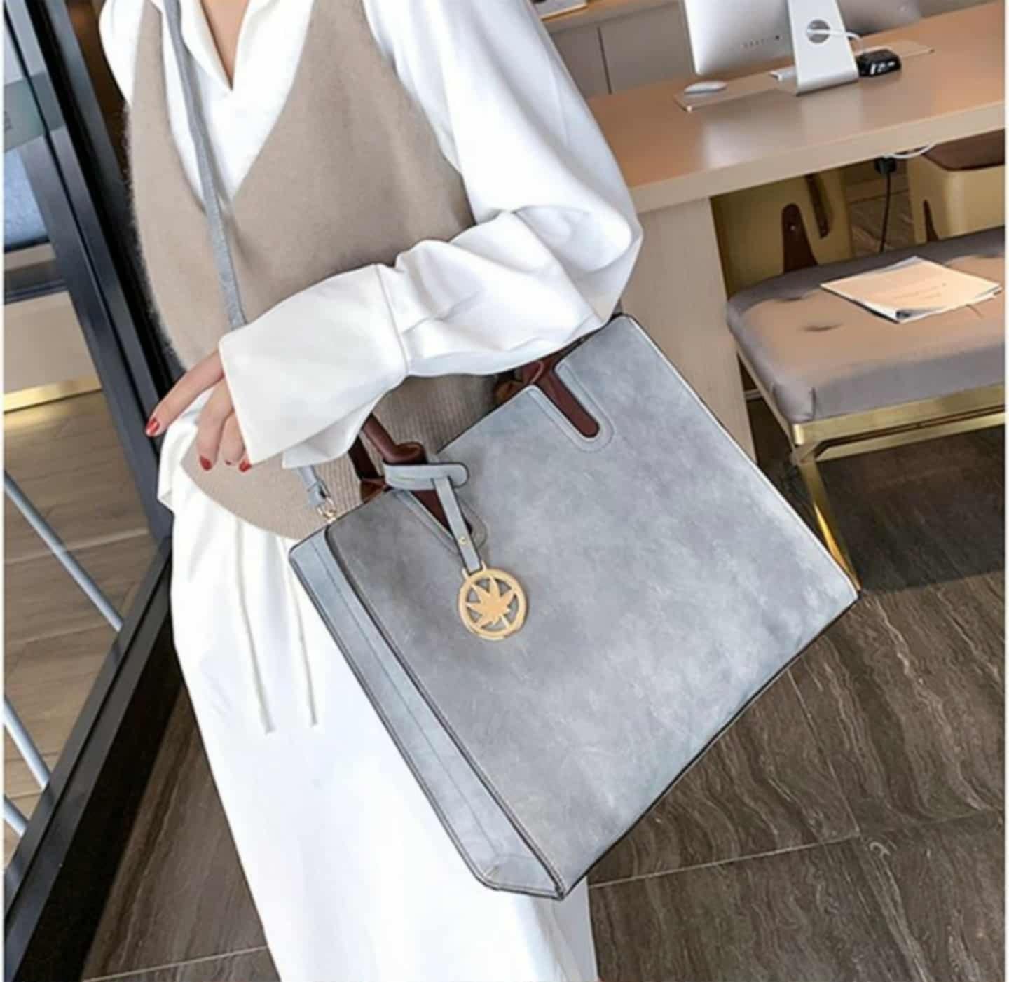 3-Piece Gray Tote Bag Set with Gold Accent – Brand New