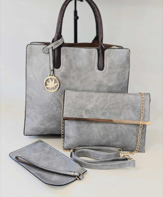 3-Piece Gray Tote Bag Set with Gold Accent – Brand New