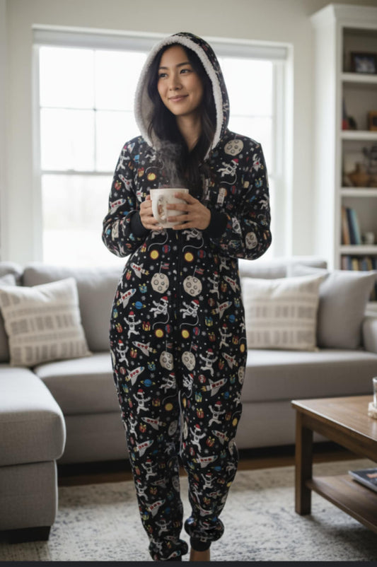 Women’s Space Astronaut Print Hooded Onesie Pajama – Size Small