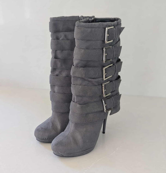 Gray Suede Buckle High Heel Boots – Size 9