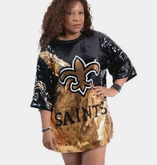 Black & Gold Sequin Saints Tunic Top – One Size Fits Most