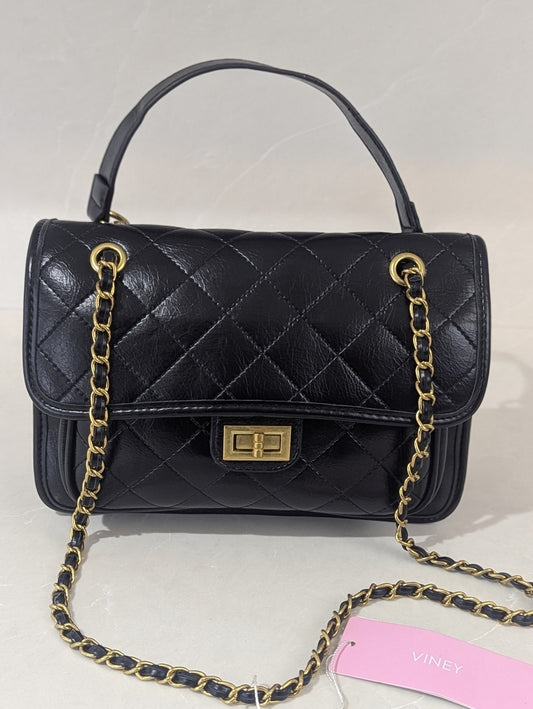 Viney Black Quilted Leather Handbag with Gold Chain Strap