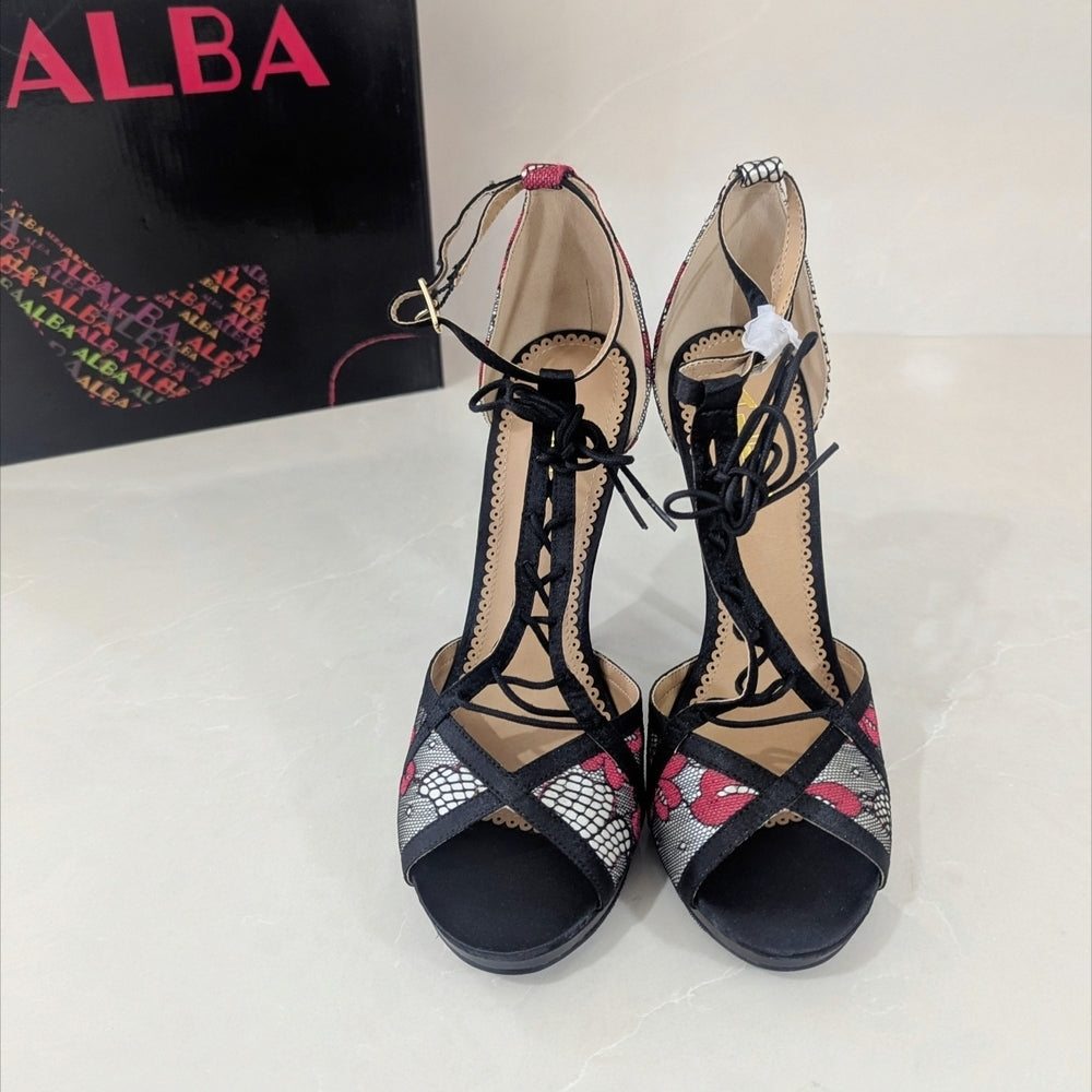 ALBA Floral Lace Peep Toe High Heel Sandals with Ankle Tie