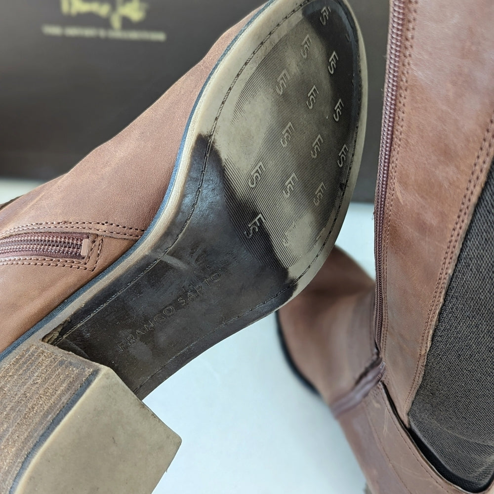 Franco Sarto Brown Leather Knee-High Riding Boots with Block Heel