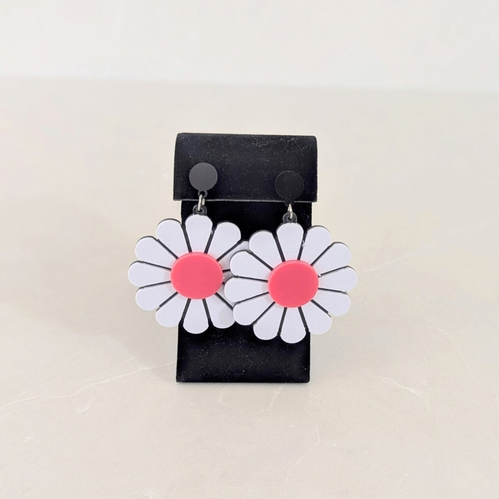 ColorNoa Large White and Pink Daisy Dangle Earrings