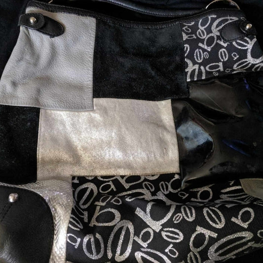 bebe Patchwork Logo Shoulder Bag with Silver Accents - Sac's Main