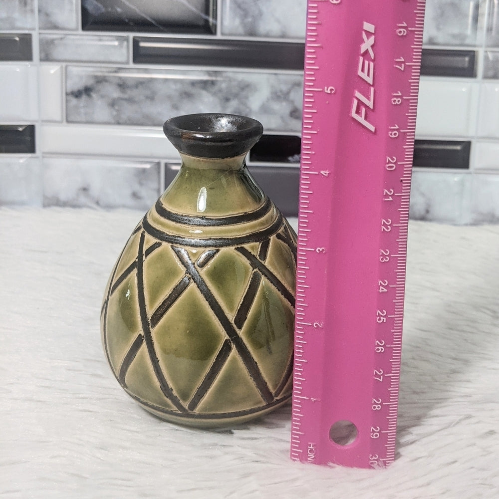 Small Decorative Art Vase with Green and Black Geometric Design