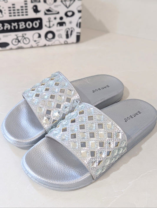 Bamboo Silver Slide Sandals with Rhinestone Embellishments