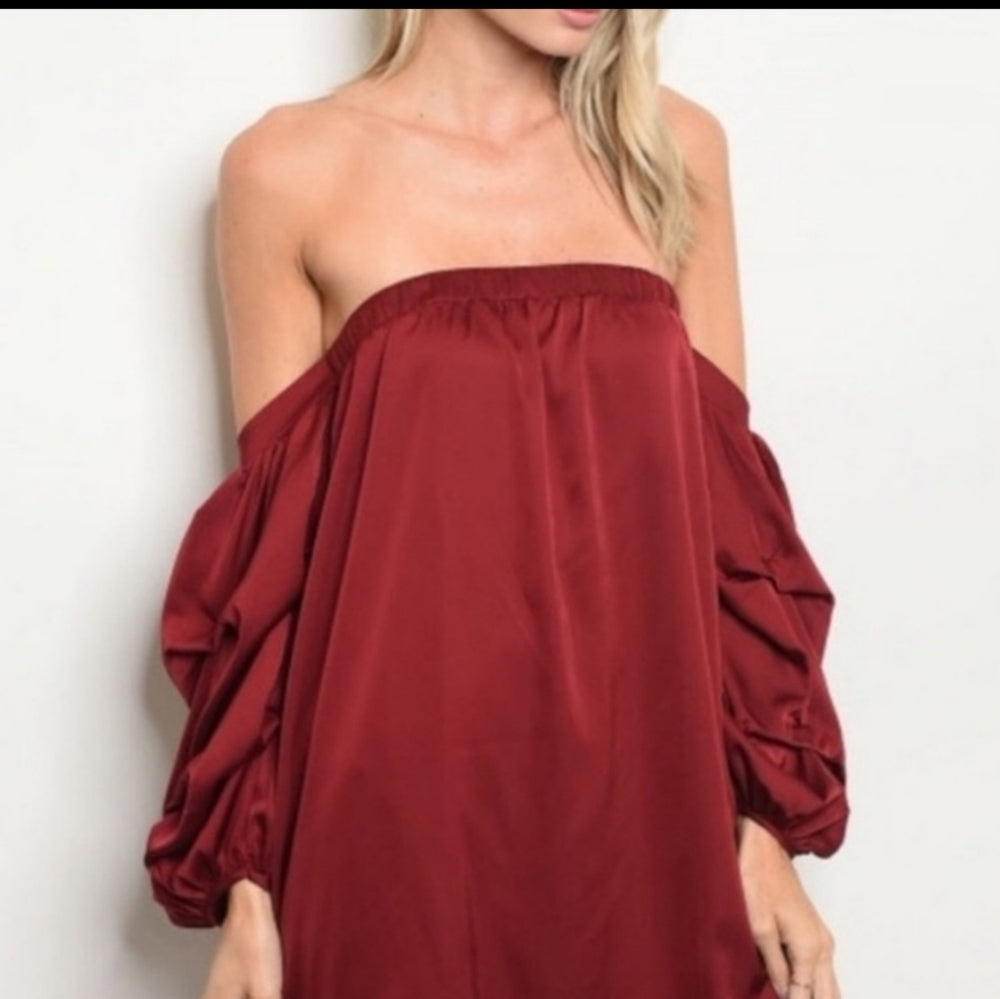 Off-Shoulder Satin Dress with Balloon Sleeves and Bow Details - Sac's Main