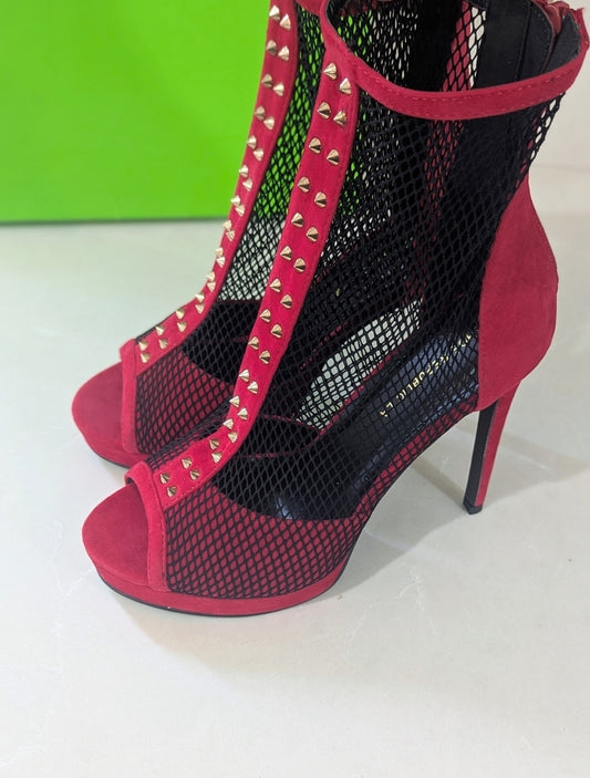 Red Mesh Peep Toe High Heel Ankle Boots with Studded Trim