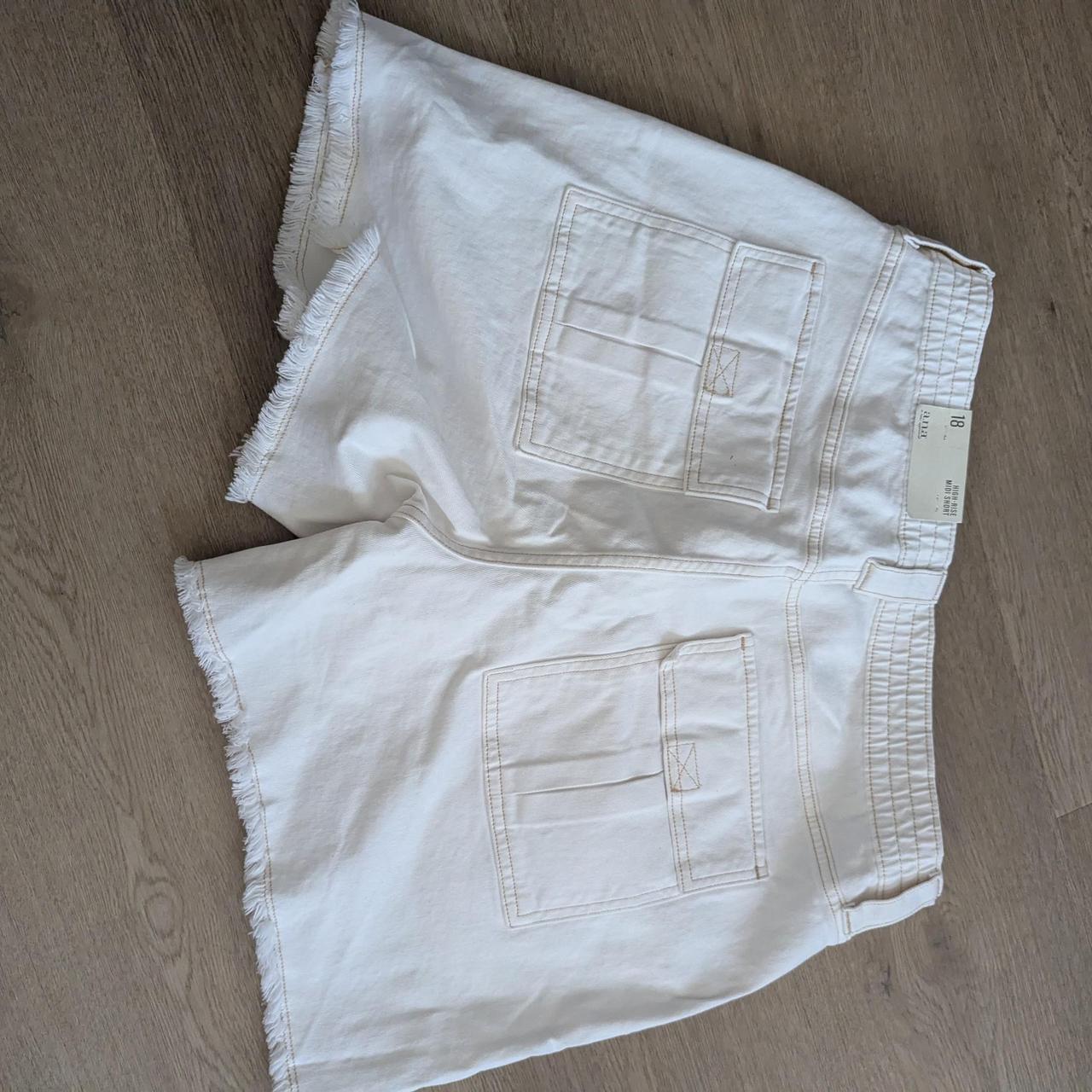 White Denim Shorts with Frayed Hem and Patch Pockets