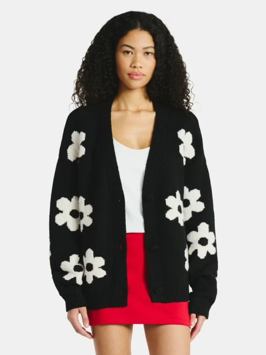 Sundry Black Cardigan with White Floral Pattern