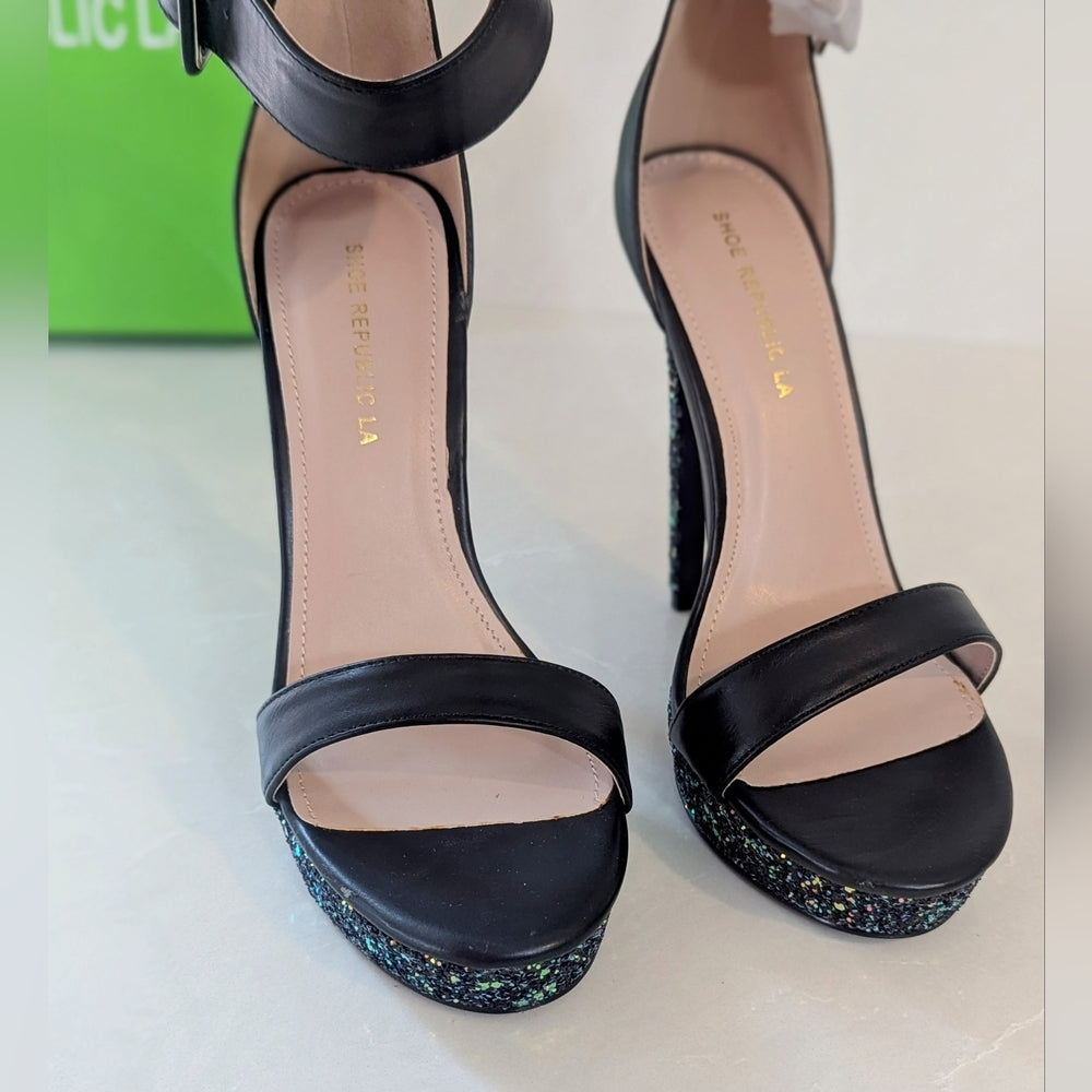Shoe Republic LA Black Leather Ankle Strap High Heel Sandals with Glittered Sole
