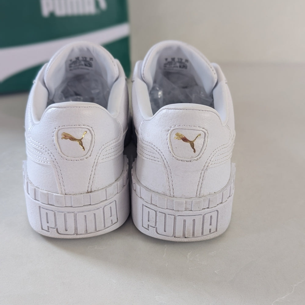 Puma Cali White Leather Sneakers with Gold Accents - Size 10