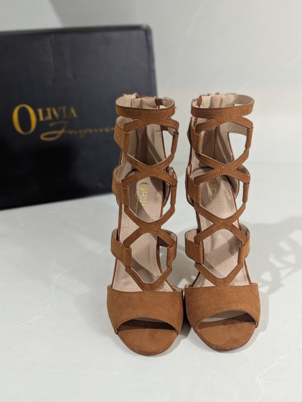 Olivia Jaymes Brown Suede Strappy High Heel Sandals Size 8