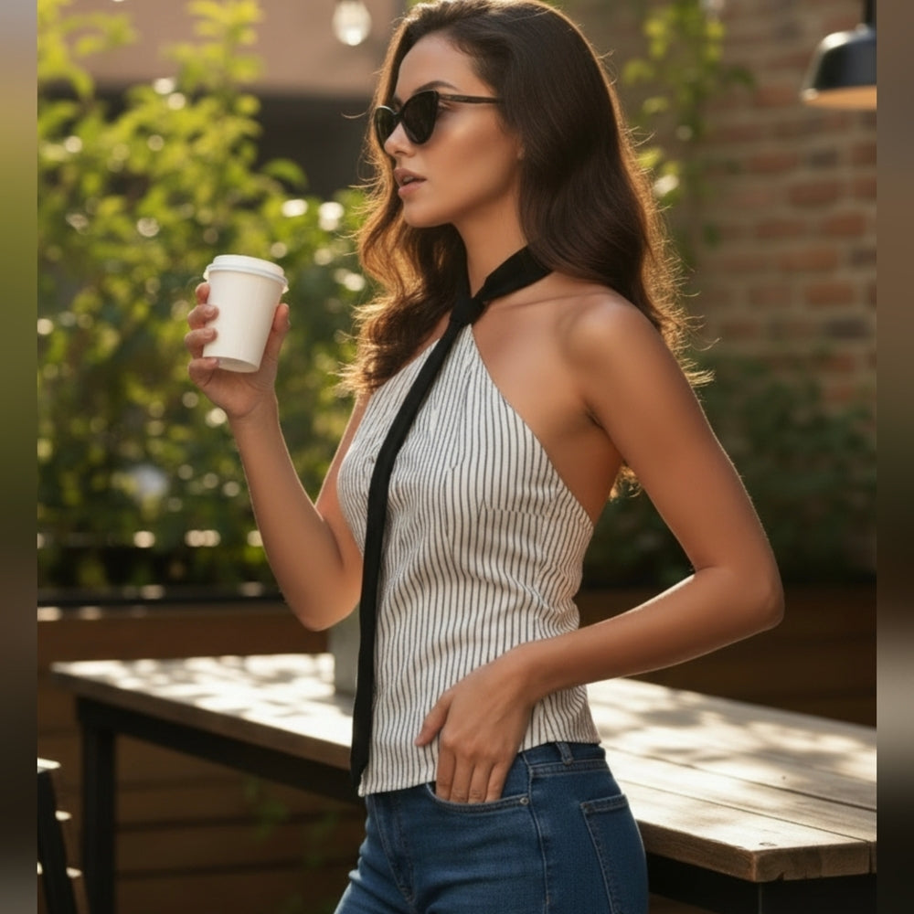 Vero Moda Striped Halter Neck Tank Top with Black Tie Detail