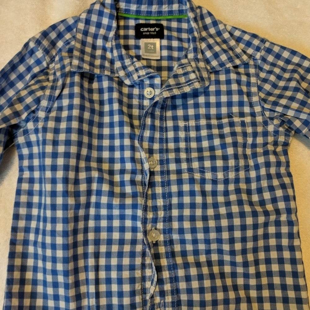 Toddler Boys 2T Blue and White Checkered Button-Up Shirt with Denim Cargo Pants