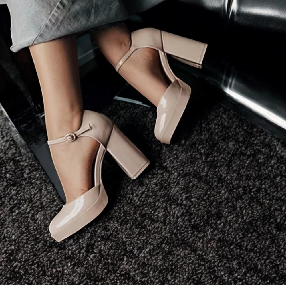 Worthington Women's Nude Patent Leather Block Heel Pumps with Ankle Strap