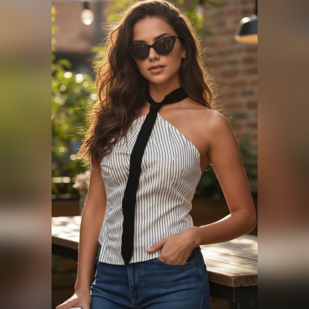 Vero Moda Striped Halter Neck Tank Top with Black Tie Detail