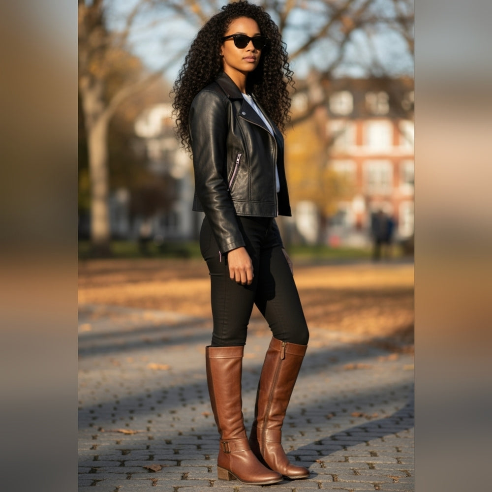 Franco Sarto Brown Leather Knee-High Riding Boots with Block Heel