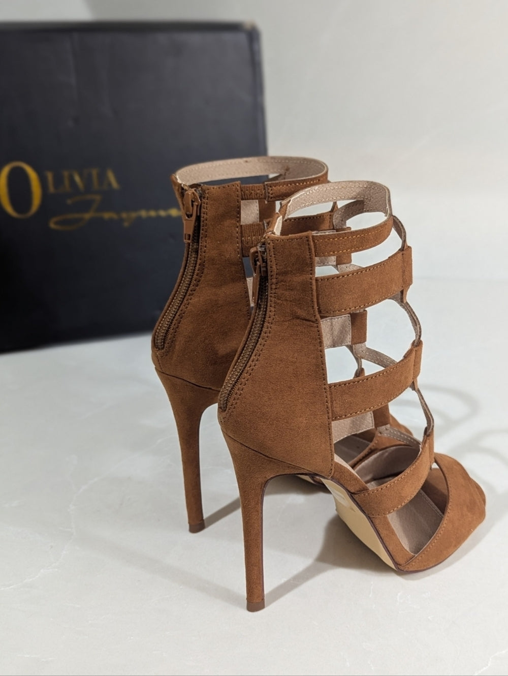 Olivia Jaymes Brown Suede Strappy High Heel Sandals Size 8