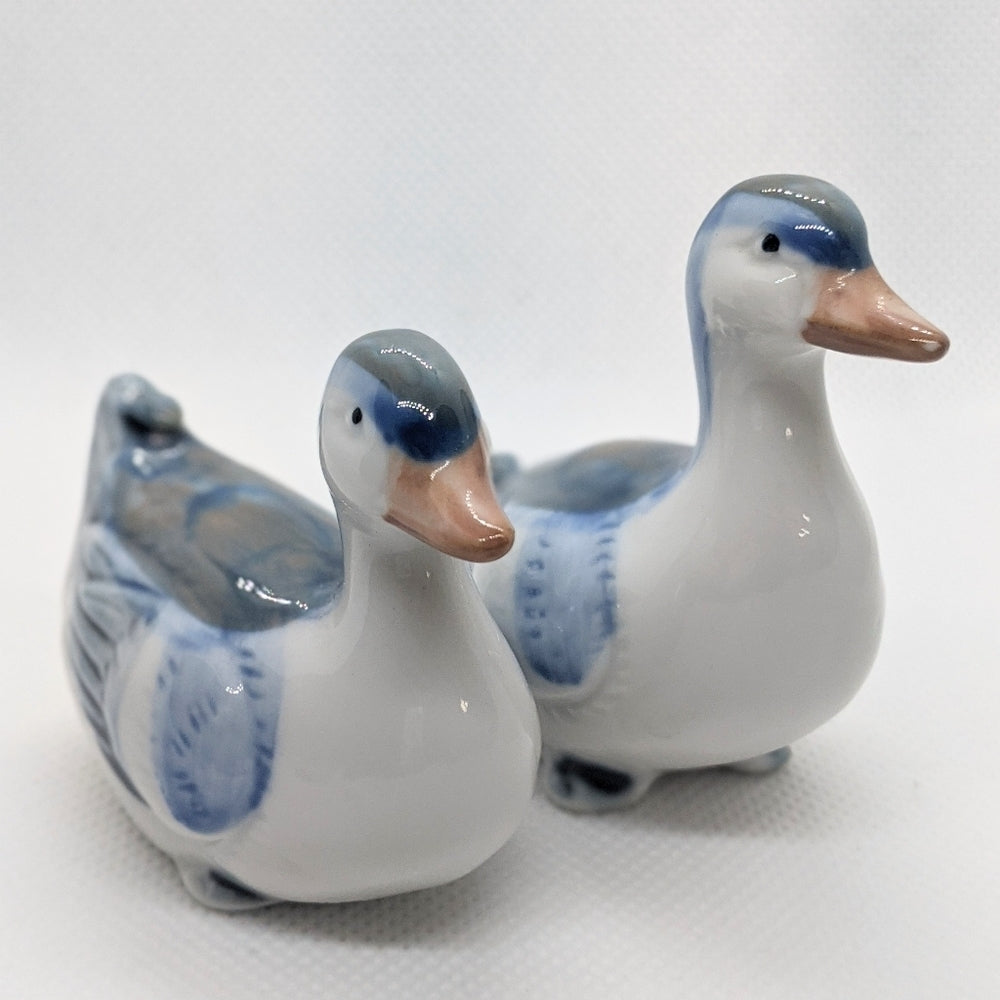 Pair of Vintage Porcelain Duck Figurines Blue and White