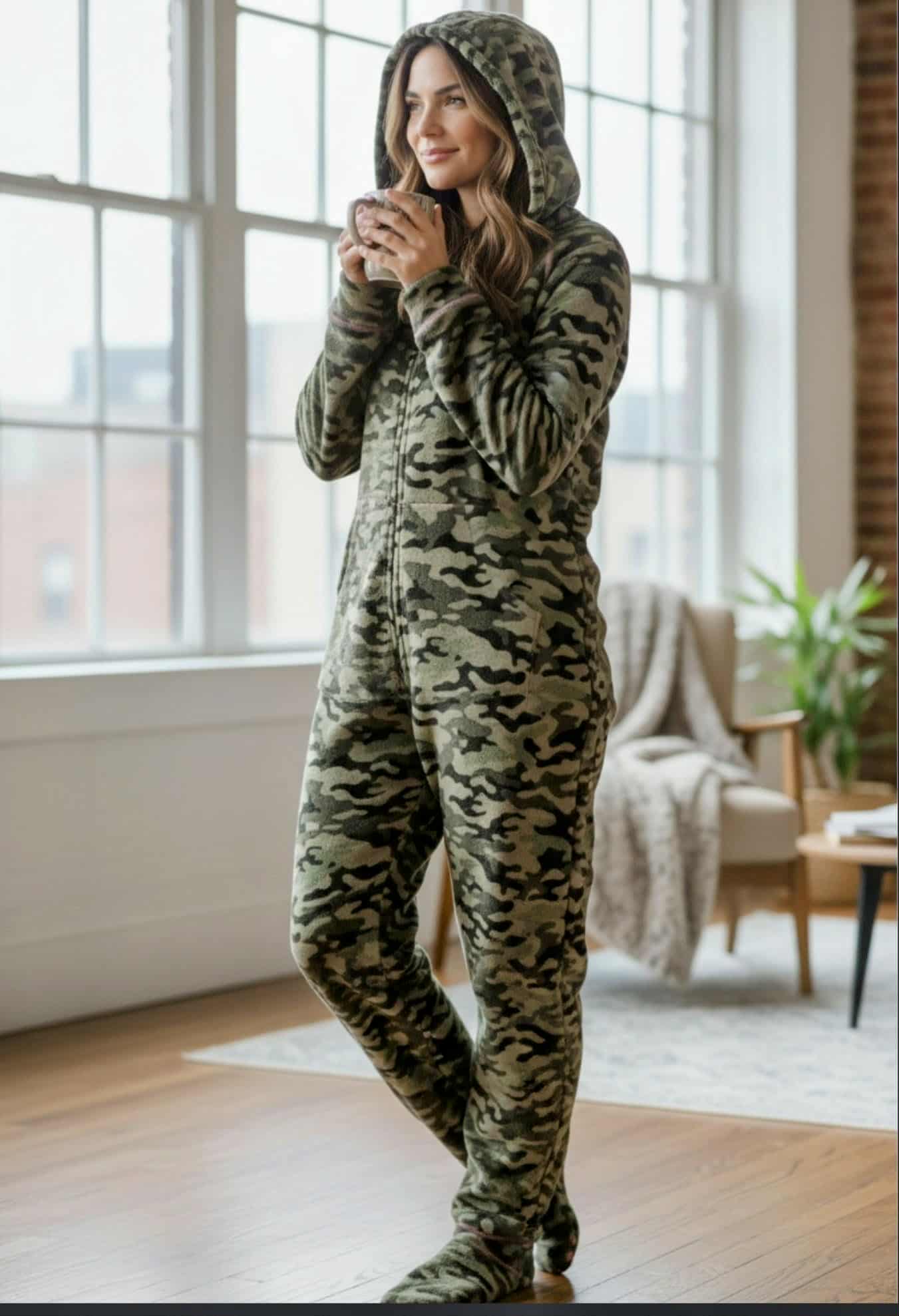 Women’s Camo Fleece Hooded Onesie Pajama – Size Large