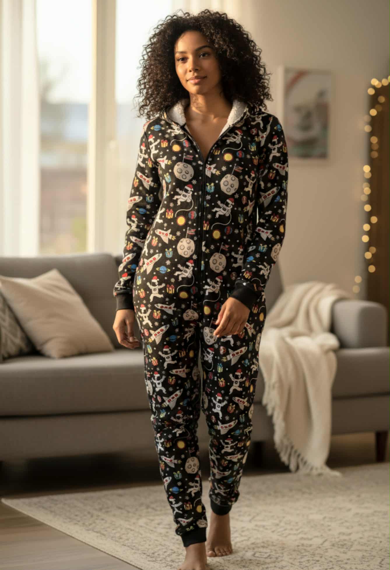 Women’s Space Astronaut Print Hooded Onesie Pajama – Size Small