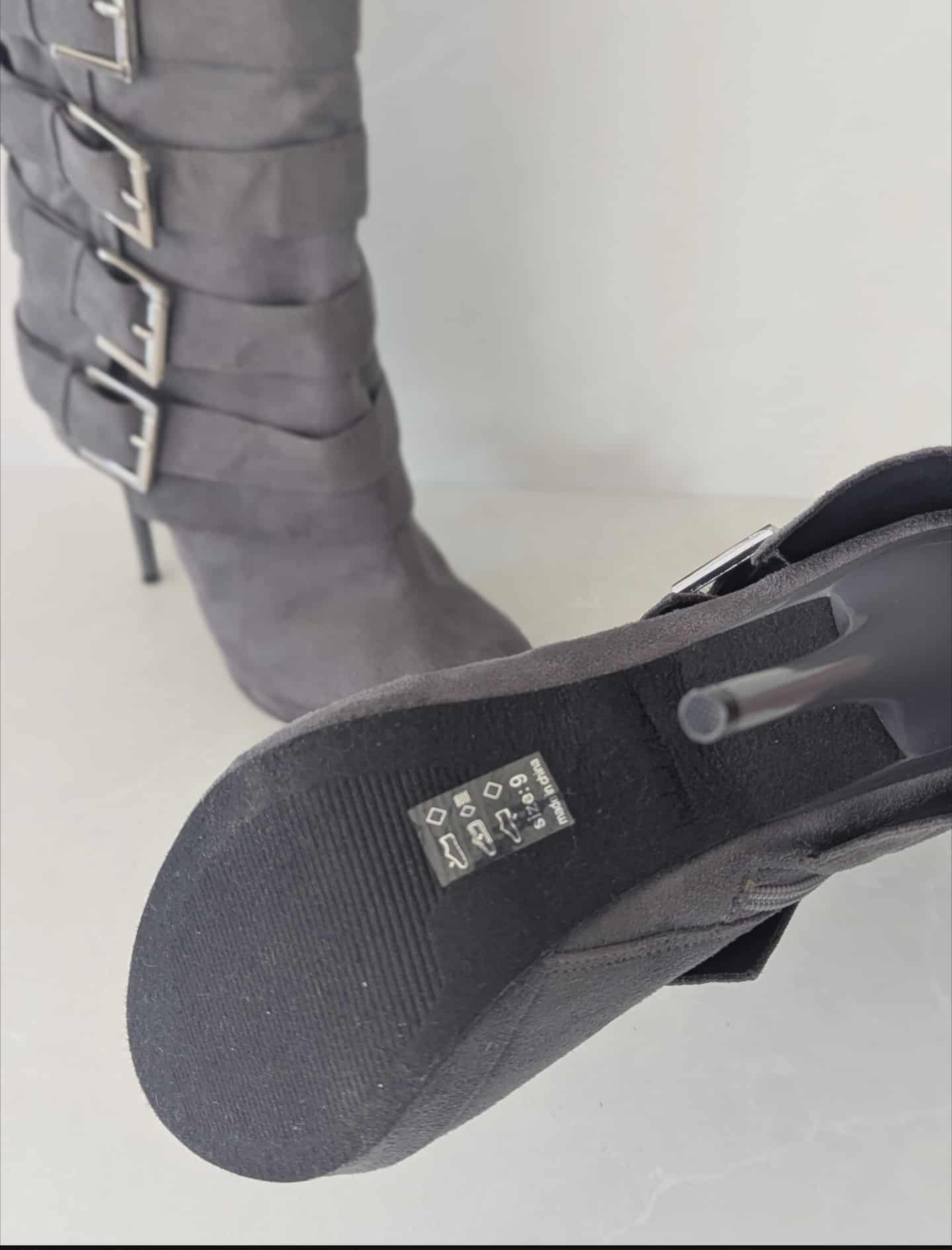 Gray Suede Buckle High Heel Boots – Size 9