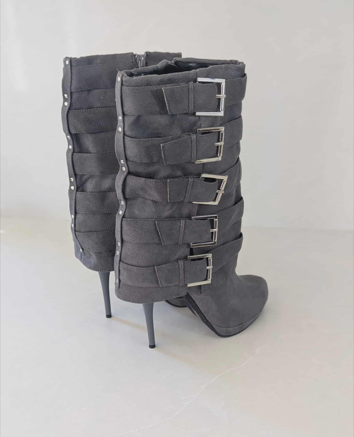 Gray Suede Buckle High Heel Boots – Size 9
