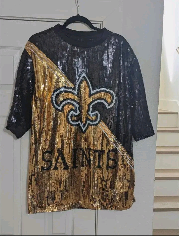 Black & Gold Sequin Saints Tunic Top – One Size Fits Most