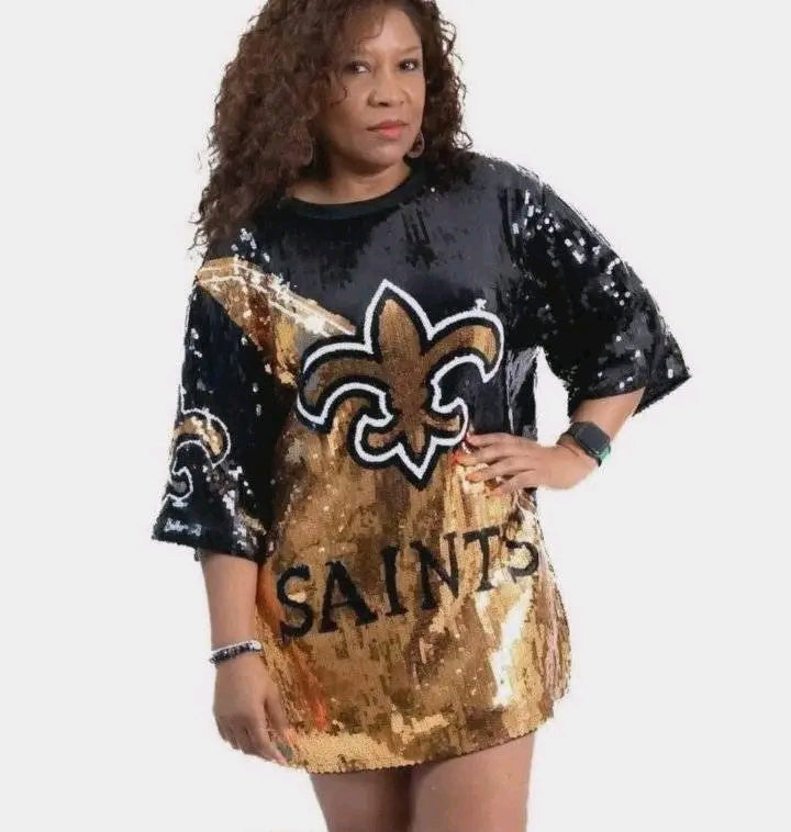 Black & Gold Sequin Saints Tunic Top – One Size Fits Most