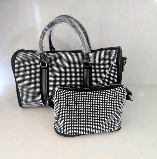2-Piece Black Rhinestone Duffel & Crossbody Set – Brand New