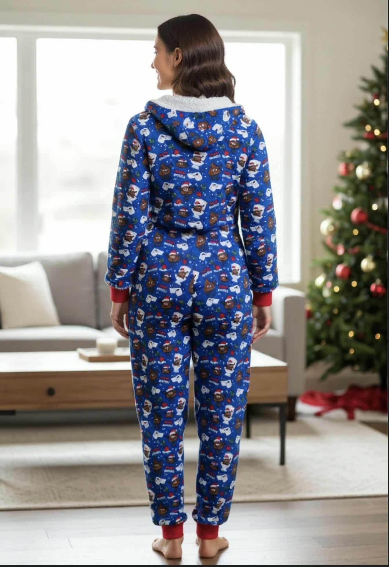 Blue Holiday Poop Emoji Hooded Onesie Pajama – Size Small