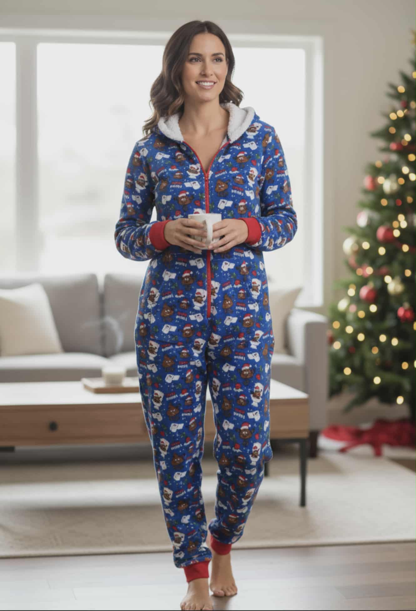 Blue Holiday Poop Emoji Hooded Onesie Pajama – Size Small