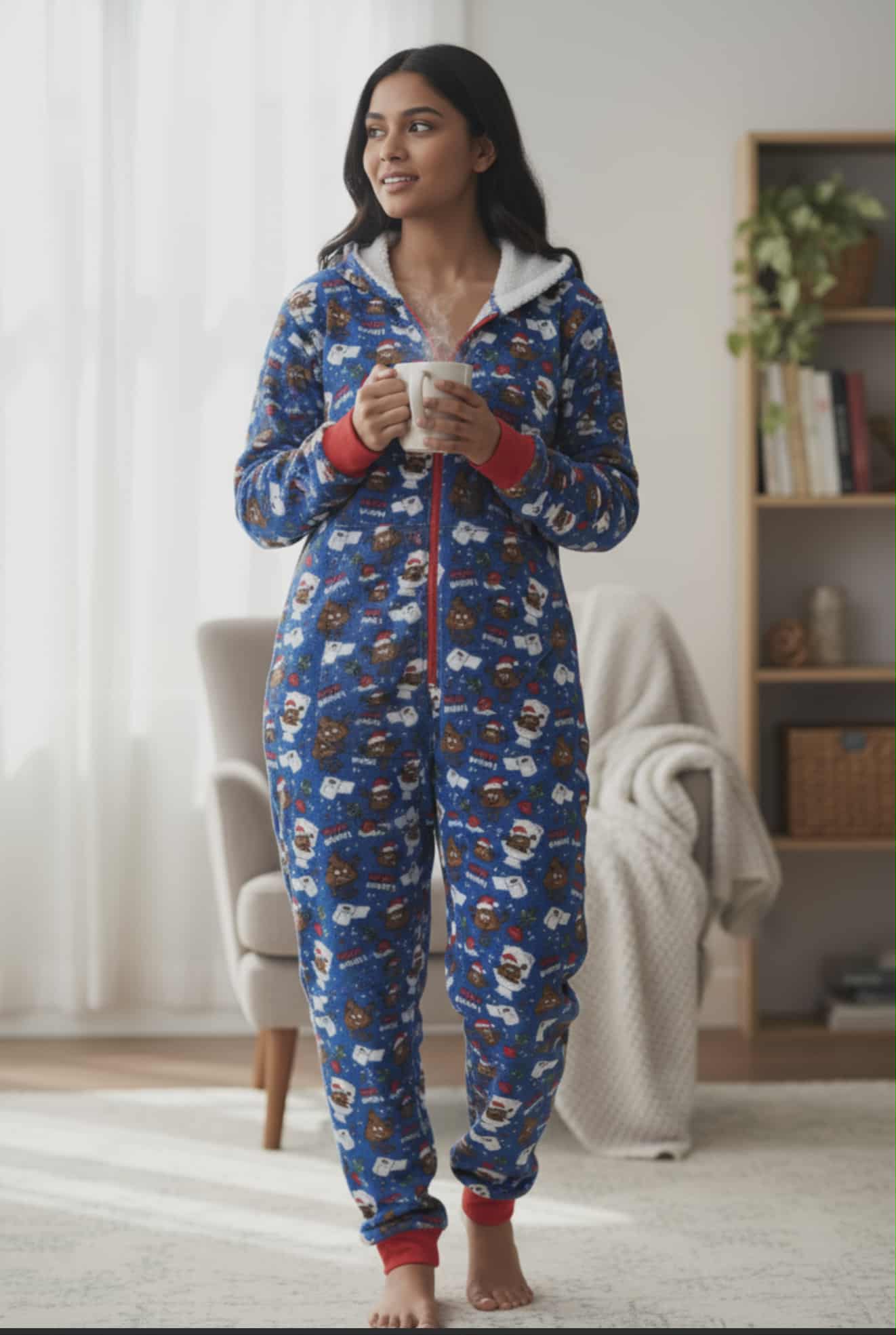 Blue Holiday Poop Emoji Hooded Onesie Pajama – Size Small