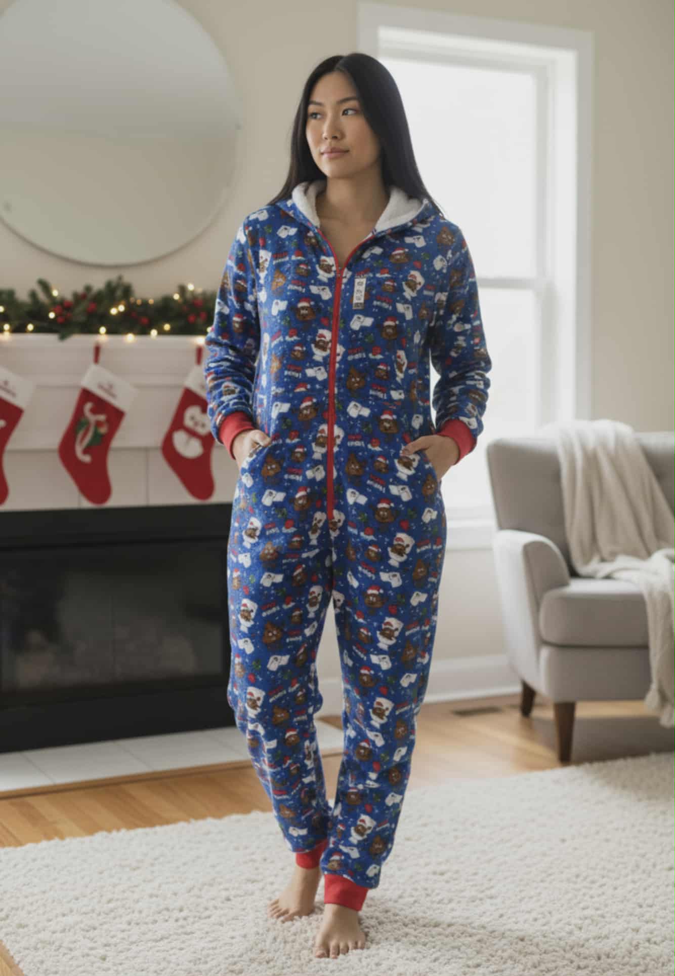 Blue Holiday Poop Emoji Hooded Onesie Pajama – Size Small