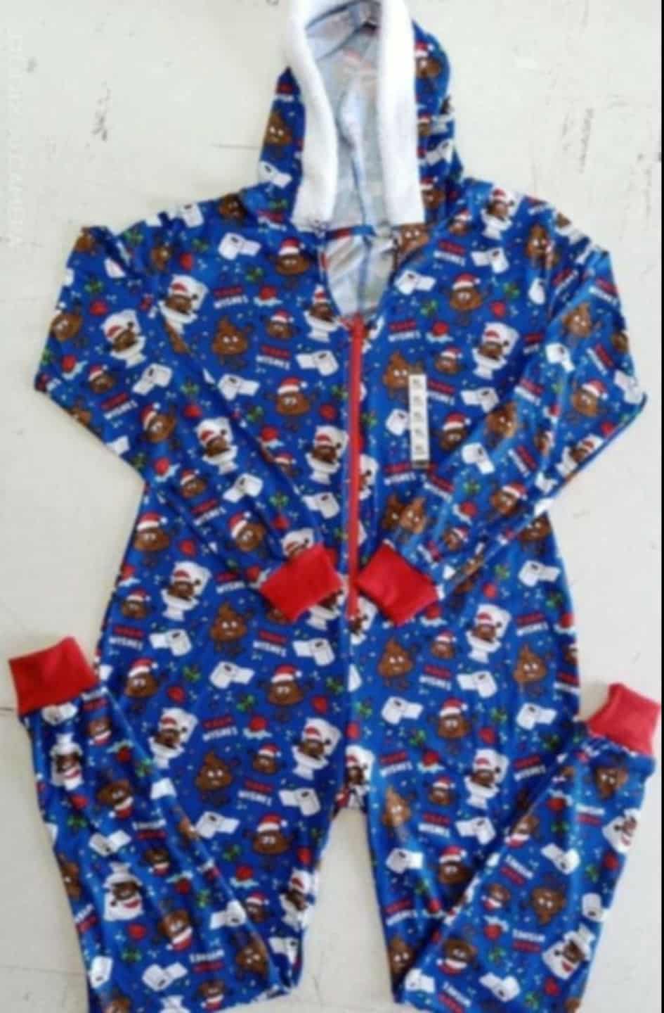 Blue Holiday Poop Emoji Hooded Onesie Pajama – Size Small