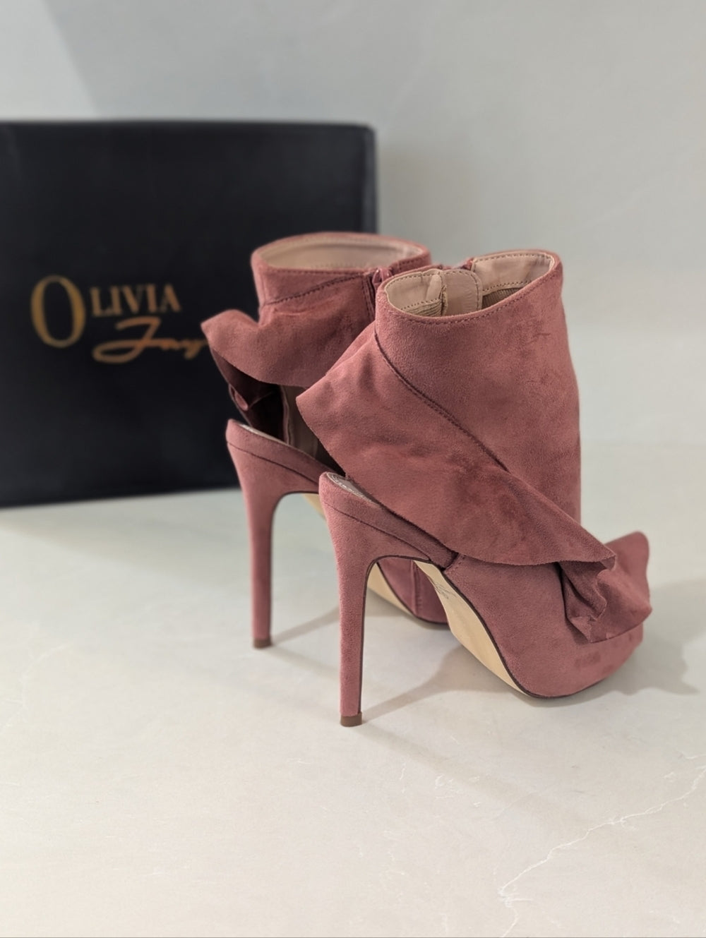 Olivia Jaymes Pink Suede Ruffle Peep Toe Booties Size 8
