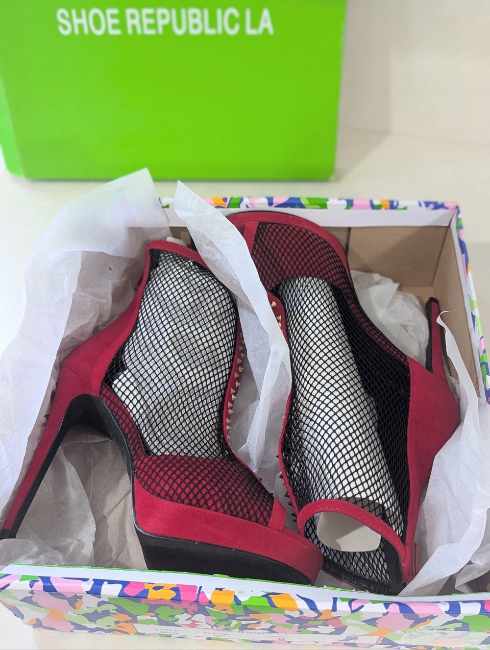 Red Mesh Peep Toe High Heel Ankle Boots with Studded Trim