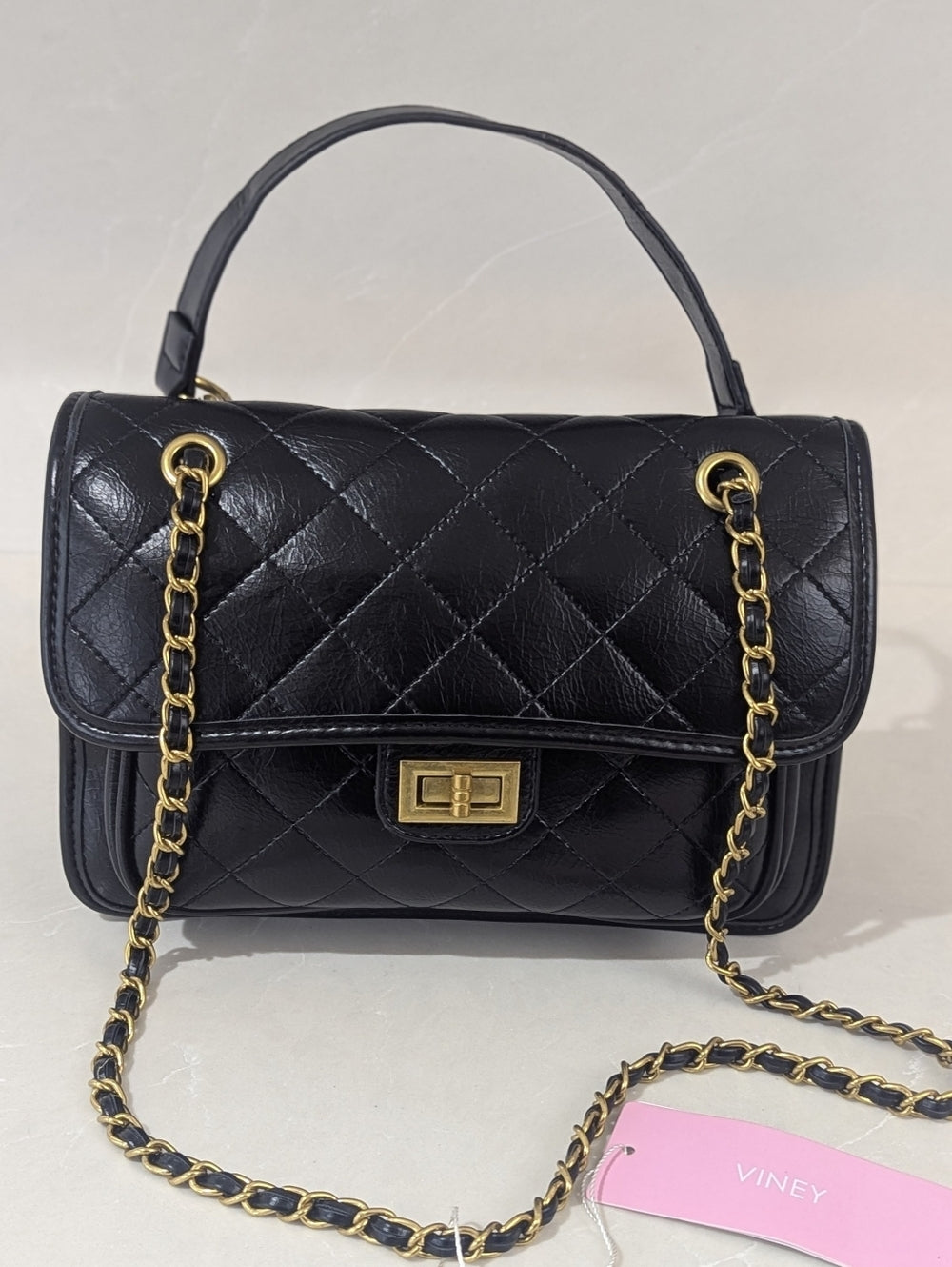 Viney Black Quilted Leather Handbag with Gold Chain Strap