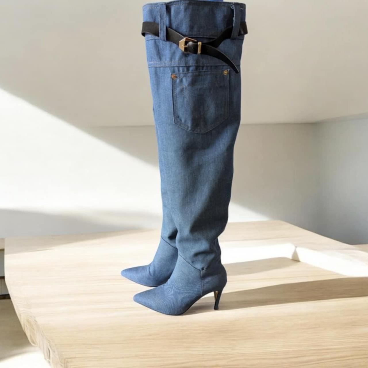 Denim Thigh-High Stiletto Boots with Belt Detail