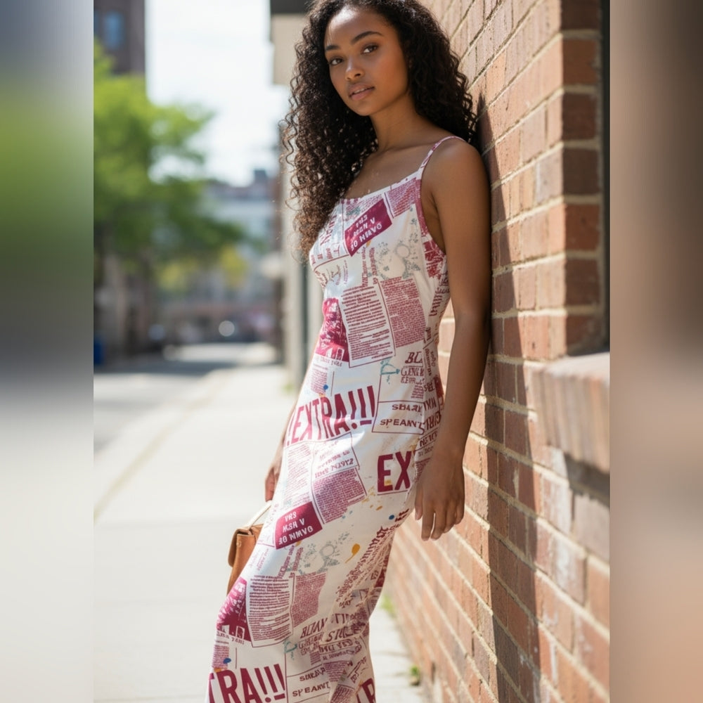 White and Burgundy Newspaper Print Midi Dress with Crisscross Back