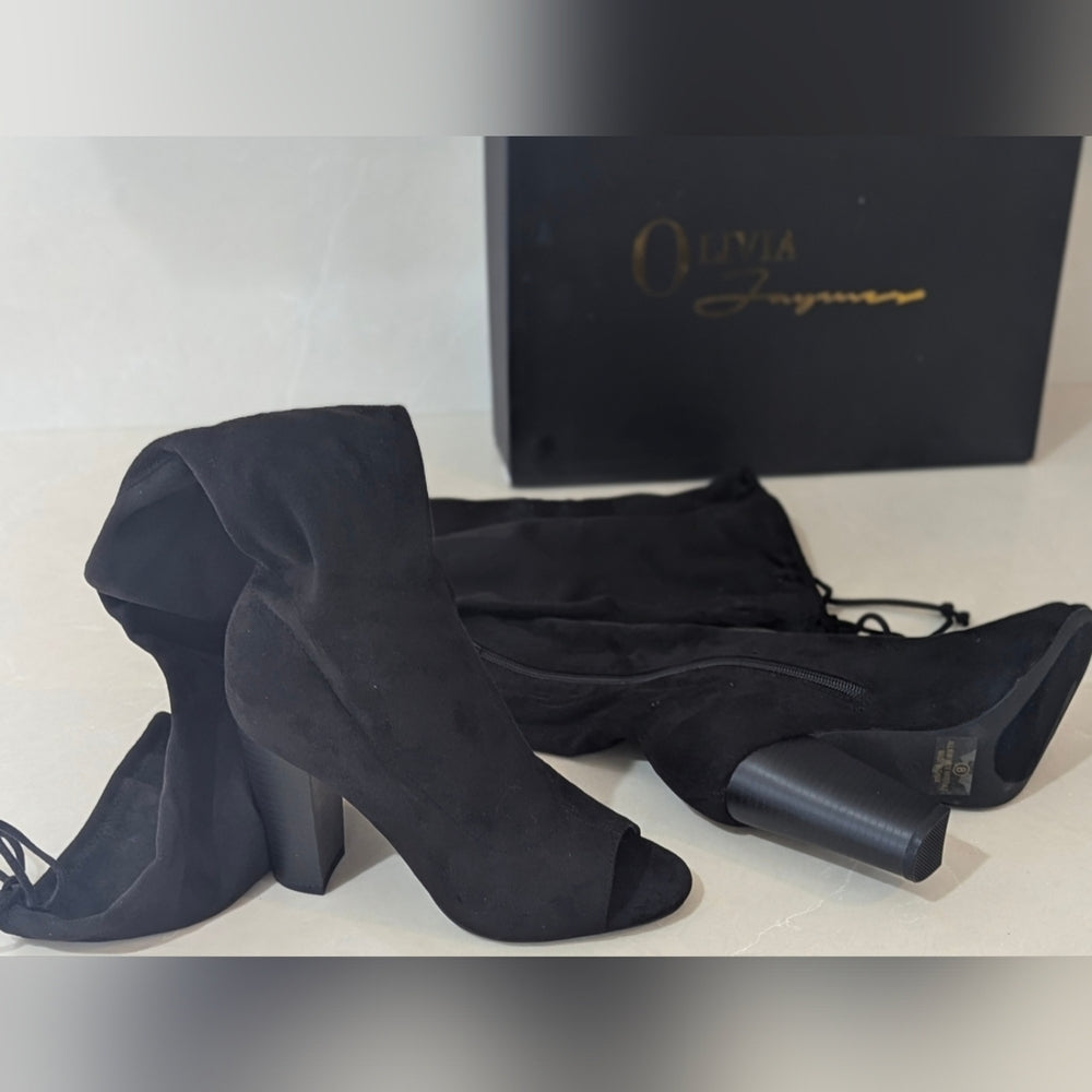 Olivia Jaymes Black Over-the-Knee Peep Toe Heeled Boots Size 8