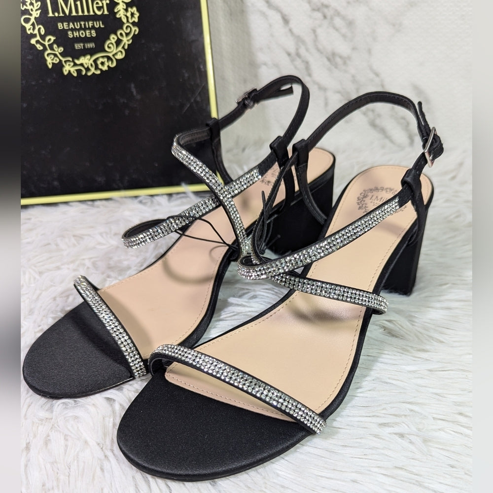 L. Miller Black Strappy Block Heel Sandals with Rhinestone Detail