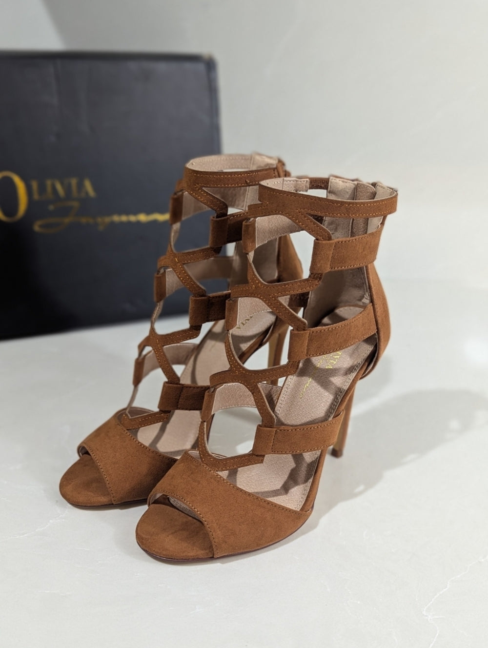 Olivia Jaymes Brown Suede Strappy High Heel Sandals Size 8