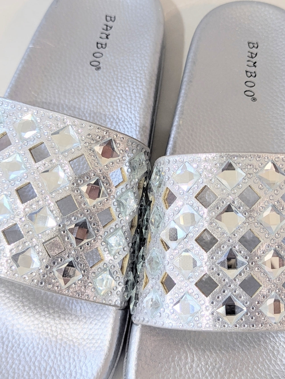 Bamboo Silver Slide Sandals with Rhinestone Embellishments