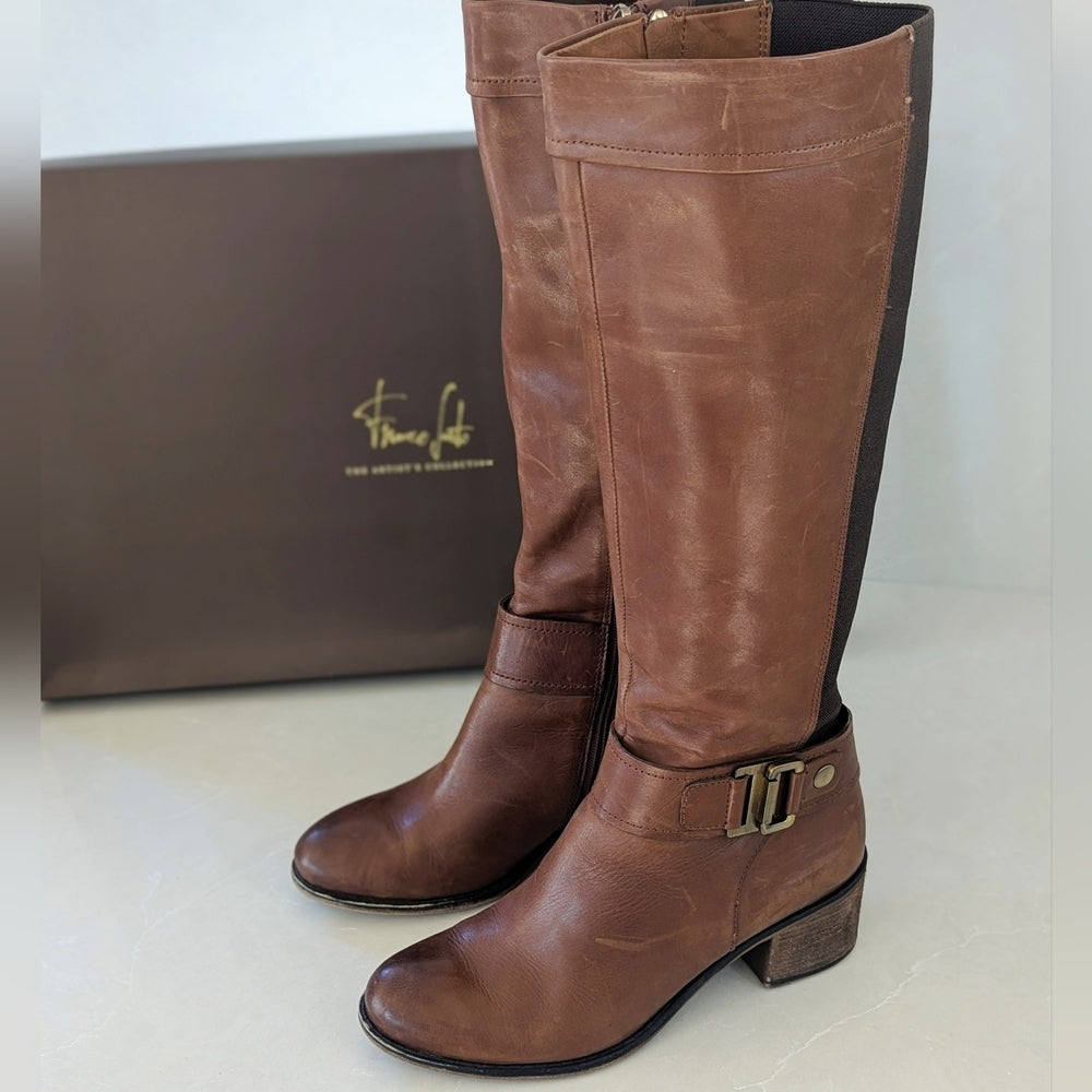 Franco Sarto Brown Leather Knee-High Riding Boots with Block Heel