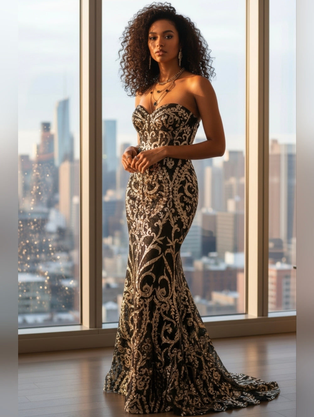 Elegant Black and Gold Strapless Mermaid Gown