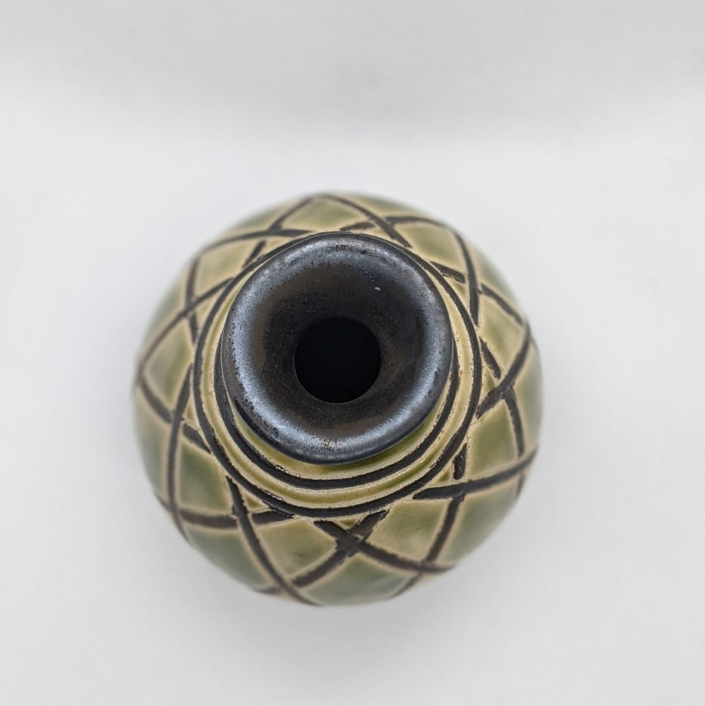Small Decorative Art Vase with Green and Black Geometric Design